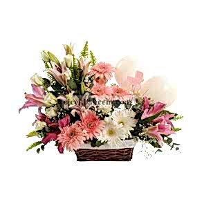 Örme Sepete Lilyum,Gerbera, Beyaz Gül Hoşgeldin Bebek Kız