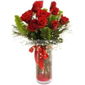 Cam Fanusta Cipso Çiçekleri ve 11 Adet Kırmızı Gül Tasarımı