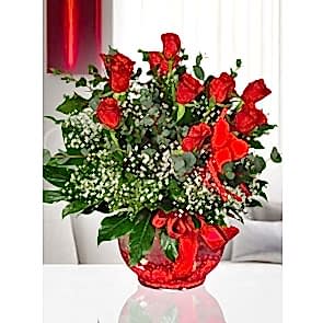 Cam Fanusta 9 Adet Kırmızı Gül Aranjmanı