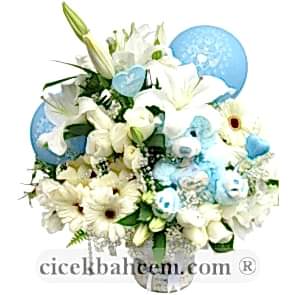 Beyaz Gül, Kokulu Lilyum Gerbera Aranjmanı, Hoşgeldin Bebek