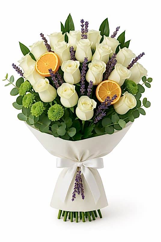25 Adet Beyaz Gül Buketi – Portakal ve Lavanta Detaylı Beyaz Gül Aranjmanı