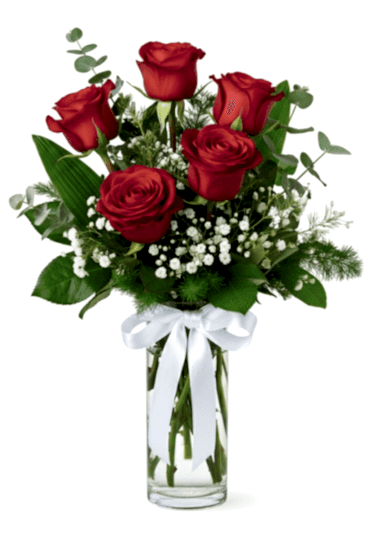 "Seviyorum" 5 Adet Kırmızı Gül Vazoda