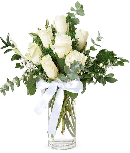 Kar Beyazım 7 Adet Beyaz Gül – Cam Vazoda