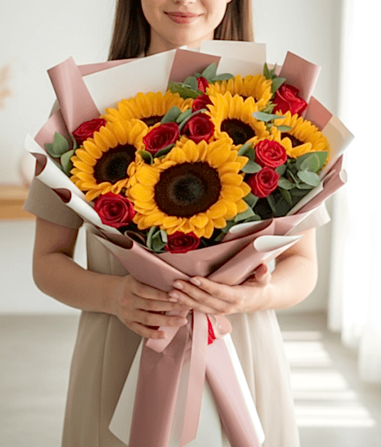 Ay Çiçekleri ve Kırmızı Gül Buketi