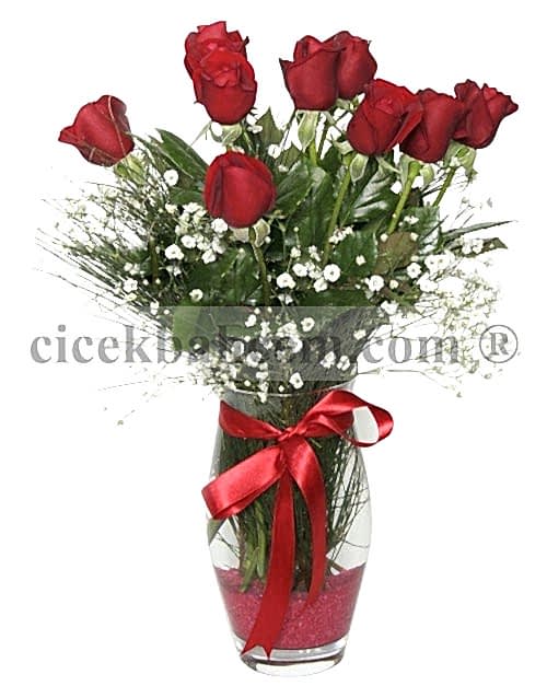 Cam Vazoda Kaliteli 9 Adet Kırmızı Gül Aranjmanı