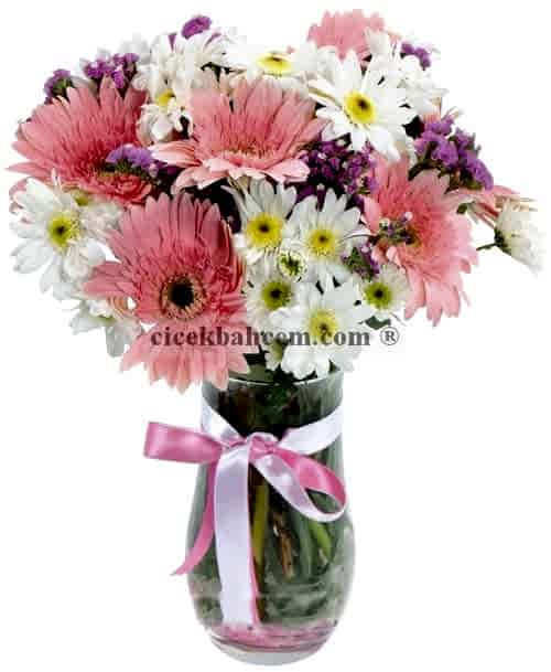 Cam Vazoda Pembe Gerbera ve Kırizantem Çiçek Tasarımı