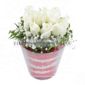 Cam Kase İçerisine Cipso Çiçekleri ile 11 Adet Beyaz Gül Tasarımı