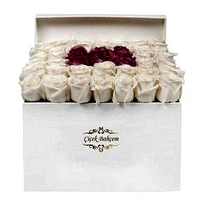 Beyaz Kare Kutuda 26 Beyaz Güller içinde 9 Pembe Gül