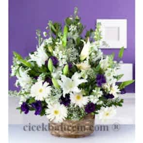 Beyaz Gerbera, Glayor ve Mor Lisyantus Aranjmanı 