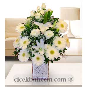Beyaz Lilyum, Beyaz Gül ve Beyaz Gerbera Aranjmanı
