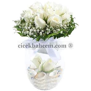 Cam Vazoda 13 Adet Beyaz Gül Deniz Kabukları Tasarımı (