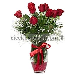 Cam Vazoda Kaliteli 9 Adet Kırmızı Gül Aranjmanı