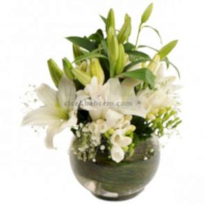 Cam Funs İçine Beyaz Lilyum ve Firezya Çiçekleri 