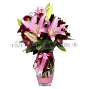 Cam Vazoda Pembe Lilyum ve Bordo Kır Çiçekleri Tasarımı 
