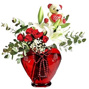 Kalbimin En Güzel Yerindesin '' Sevimli Oyuncak, Beyaz Lilyum,Kırmızı Gül ''