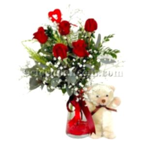Neşeli Aşık 5 Kırmızı Gül & Sevimli Oyuncak 