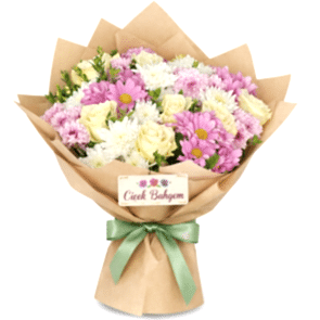 Pastel Bahar Buketi – Pembe & Beyaz Güllü Krizantem Aranjmanı