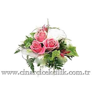 Pembe Gül ve Egzotik Yapraklarla Hazılanmış Gelin Buketi