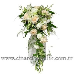 Beyaz Lisyantus ve Somon Renkli Gül, Gelin Buketi