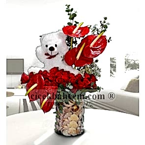 Sevimli Oyuncaklı Kırmızı Gül ve Antorium, Oyuncaklı Çiçek