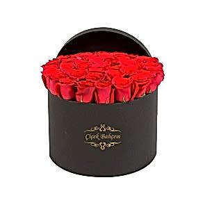 Siyah Yuvarlak Kutu İçinde 27 Adet Kırmızı Gül