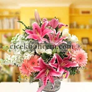 Vazo İçine Çipso Çiçekleri ve Pembe Kokulu Lilyum Aranjmanı 