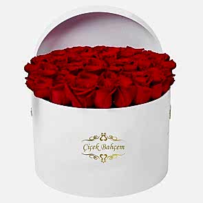 Beyaz Yuvarlak Kutuda 35 Kırmızı Gül