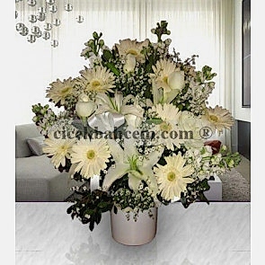 Beyaz Seramik Vazoda Şebboy Gerbera ve Beyaz Gül Aranjmanı