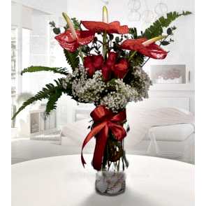 9 Adet Kırmızı Gül ve Kırmızı Antorium Aranjmanı